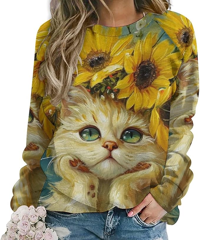 Long Sleeve Shirts for Women Cat Oil Painting Shirt 3D Graphic Sweatshirts Fall Pullover Crewneck Vintage Boho Tops