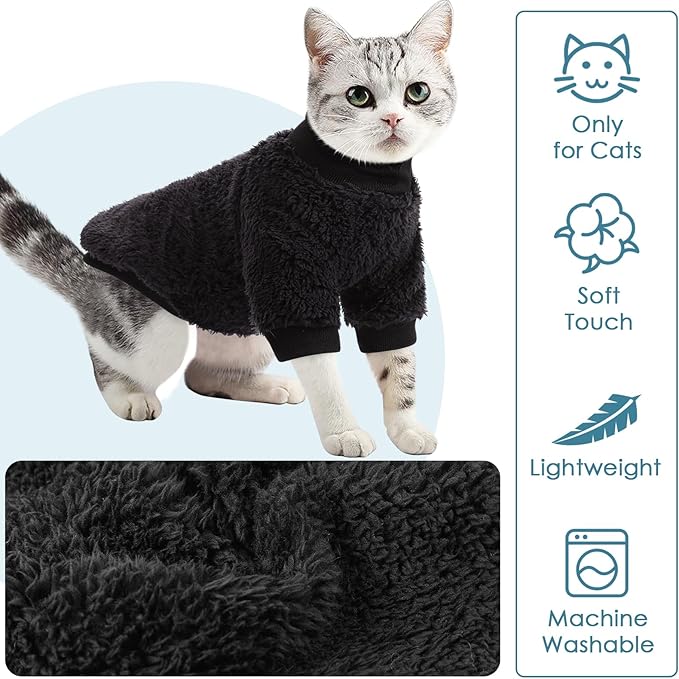 SUNFURA Sphynx Cat Sweater, Hairless Cats Turtleneck Pullover Kitten Sweaters for Cats Only, Warm and Soft Cat Pajamas Shirt with Sleeves Pet Winter Clothes Fleece Jumpsuit for Puppy, Black L