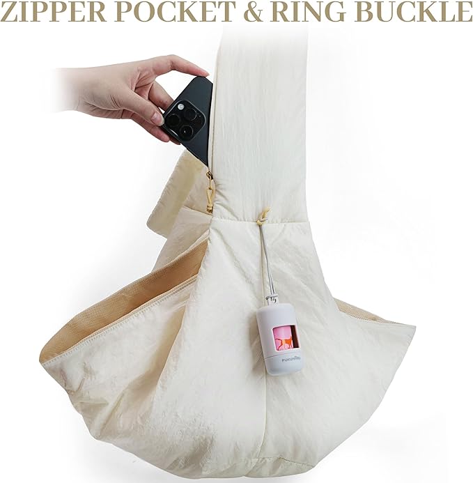 FUKUMARU Dog Sling, DIY Strap Puppy Carrier Sling for 5-12lbs Small Dogs, Ultralight Cat Travel Purse with Mesh Bag, Pets Papoose Carrier Foldable and Machine Washable, 22.44 * 16.9 * 11.8inch(Cream)