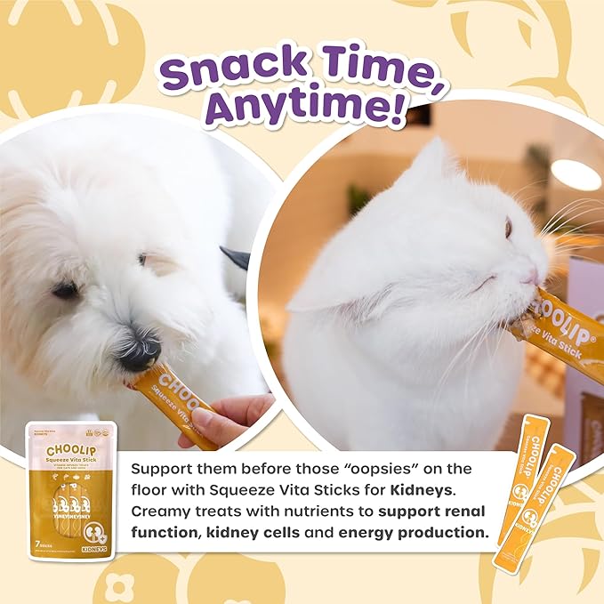 Choolip Squeeze Vita Stick Lickable Cat & Dog Treats – 14 Sticks (2×7 Value Bundle) Kidney Support, Creamy Grain-Free Puree with CoQ10, Omega 3 & Vitamin E for Hydration & Renal Health