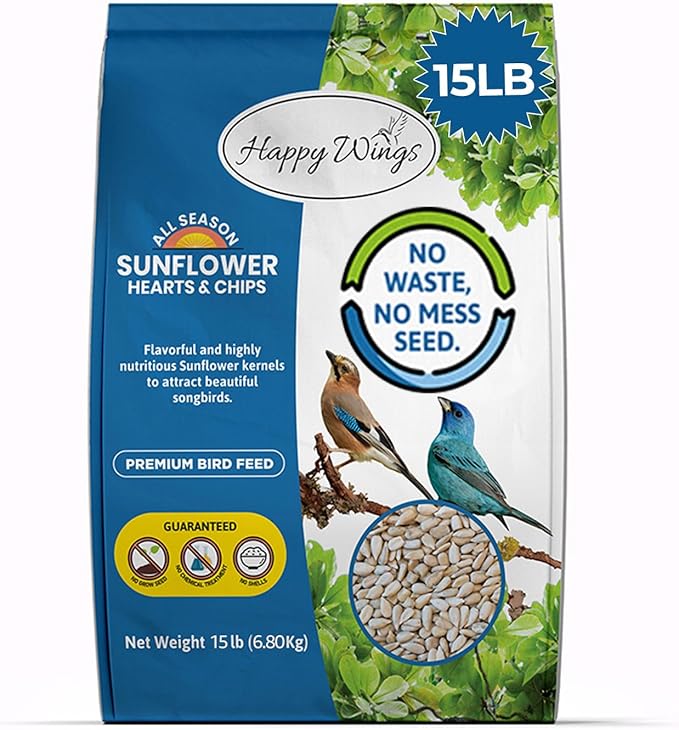 Sunflower Hearts & Chips Bird Food 15 lbs No Mess, No Waste Seed No Grow Formula Ideal for Wild Birds, Finches, Sparrows, and Year-Round Feeding.