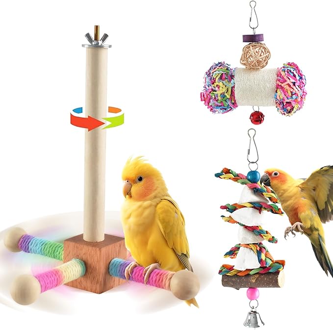 Bird Perch Toy, Interactive Spinning Parakeet Parrot Toys with Chew Toy, Parakeet Cage Accessories for Small and Medium Parrots, Enrichment Cockatiel Toys for Birds Cage