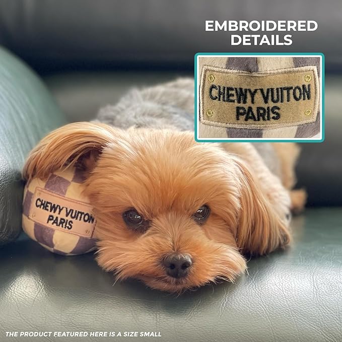 Haute Diggity Dog Checker Chewy Vuiton Ball, Plush Designer Dog Toys with Interactive Squeaker, Stimulating Pet Enrichment, Machine-Washable & Safe Materials for All Breeds, Size Small