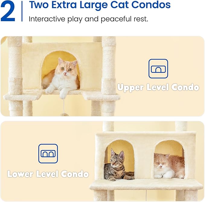 MWPO Extra Large Cat Tree, 77.6-Inch Tall Cat Tower for Indoor Cats with 2 Condos, Multi-Level Cat Stand for Large Cats, 3 Hammocks, Wide Perch, Scratching Posts, Dangling Toys, Beige
