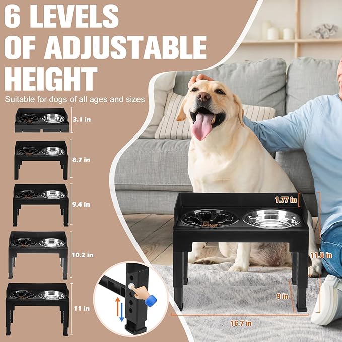 BINGPET Elevated Dog Bowls,Raised Dog Bowl,6 Heights Adjustable Stand,Non-Slip and Non-Spill Food Bowl for Small Medium Large Dogs