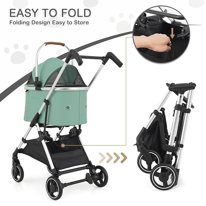 MoNiBloom Pet Stroller for Small/Medium Dogs w/Detachable Carrier & Lightweight Aluminum Frame, Folding Jogging Travel Stroller, Mint Green