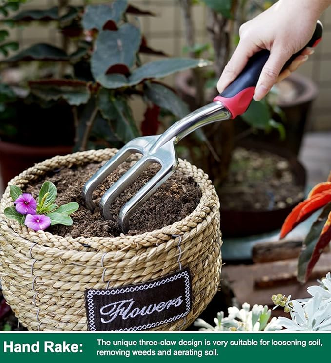 ESOW Garden Tool Set with Non-Slip Rubber Handle, 3 Piece Cast-Aluminum Heavy Duty Gardening Kit Includes Hand Trowel, Transplant Trowel and Cultivator Hand Rake, Red