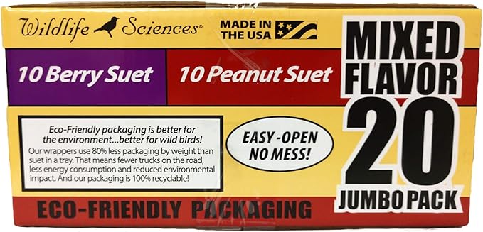 Wildlife Sciences Suet Cake Jumbo Mixed (Pack of 20) | 10 Peanut & 10 Berry 10.5 oz. Suet Cakes for Wild Birds