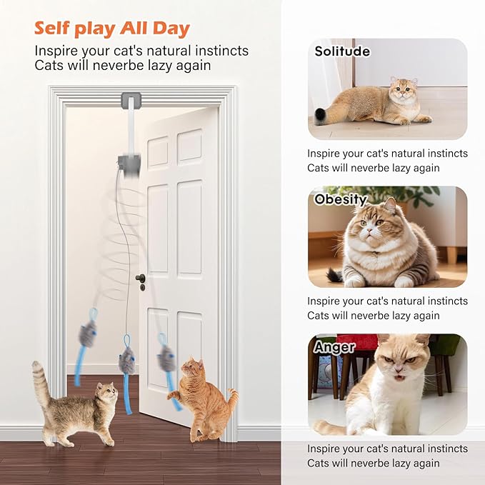 Rechargeable Electric Cat Teaser with Remote – Interactive Door Clip Toy for Cats, 2 Motion Modes (360° Spin & Irregular Jumping), Smart Auto Cat Toy for Exercise & Fun (Gray)