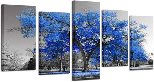 KREATIVE ARTS Canvas Print Wall Art Painting Contemporary Blue Tree In Black And White Style Fall Landscape Picture Modern Giclee Stretched And Framed Artwork (Large Size 60x32inch)