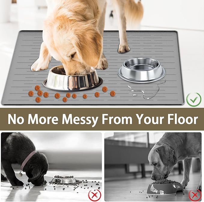 Extra Large Pet Food Mat for Dogs, 32''x24'' Waterproof Dog Feeding Mat, Non-Slip Silicone Dog Bowl Mat for Floors, Easy Clean Pet Water Mat Tray (Dark Green)