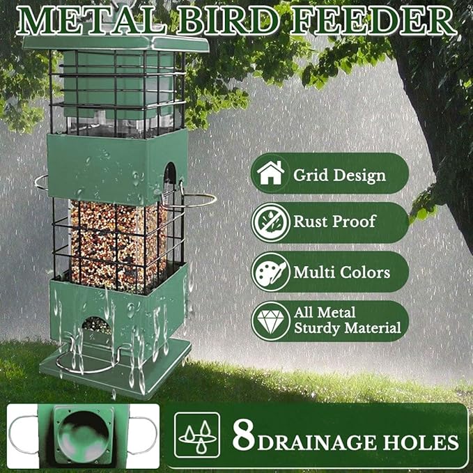 Squirrel Proof Bird Feeder, Metal Bird Feeders for Outdoors, 3Lbs Birdfeeder Outside Hanging, Weight Activated Spring, 4 Feeding Ports, Cardinals, Finches & Sparrows, Wild Birds (Green)