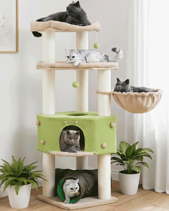 Cat Tree Tower for Indoor Cats Large Adult - Heavy Duty Extra Wide Scratching Post (φ4.4in) Maine Coon Condo House with Hammock Tunnel - 60 Inch XL Feline Bed Trees - Big Multi Level Cat Houses Stand