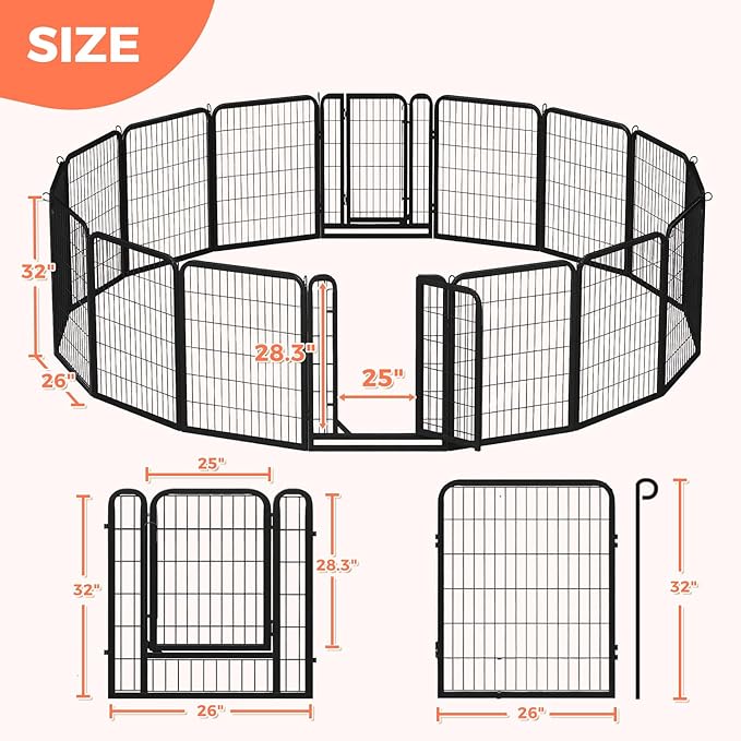 32 Inch Dog Playpen - 16 Panels Metal Pet Exercise Pen for Small-Medium Dogs, Indoor/Outdoor Dog Fence for Yard, Garden, Camping & RV Travel