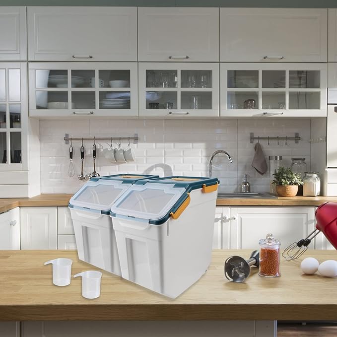 4 Pack Grain Food Storage Container, 20LB Airtight Rice Bin Storage Bucket with Spoon and Measuring Cup, Large Flour Dispenser Container Set 80LB Total Capacity