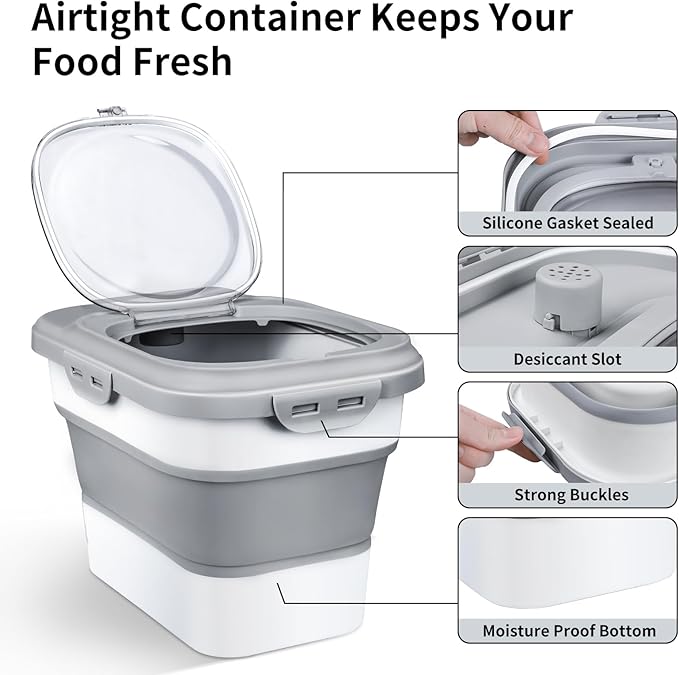 Rice Storage Container, Collapsible Airtight Food Storage Containers 6-20 Lbs, Rice Dispenser with Measuring Cup and Small Bin for Flour Cereal Pasta Grain, Cat Pet Dog Bird Food Container