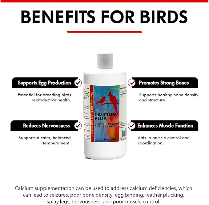 Morning Bird Calcium Plus Liquid for Birds – Bird Vitamins for Strong Eggshells, Healthy Bones, and Baby Bird to Support Growth, Breeding, and Wellness for All Birds 32 Fl Oz