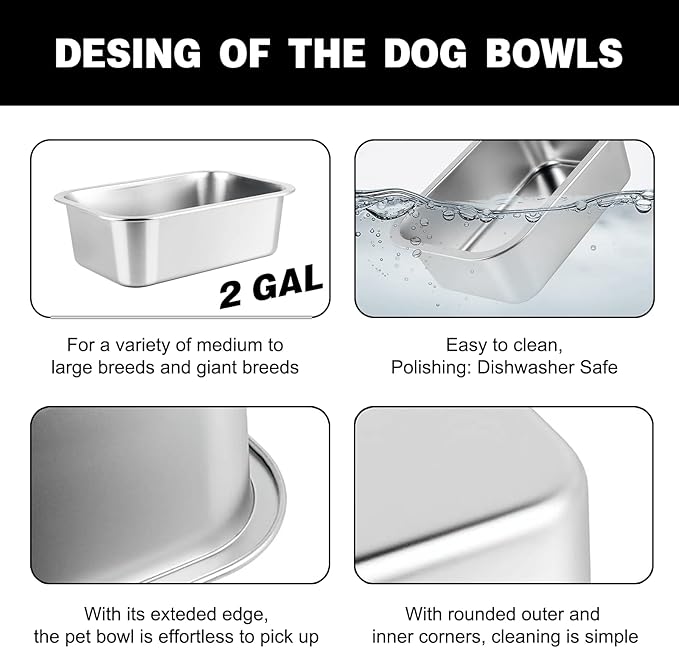 2 Gallon Elevated Large Dog Water Bowl, 4 Adjustable Height 10.5-15.8'' Raised Stainless Steel Bowl Stand with Anti-Slip Mat for Large Breed, Metal Dog Feeding Station for Relief Joint Pressure