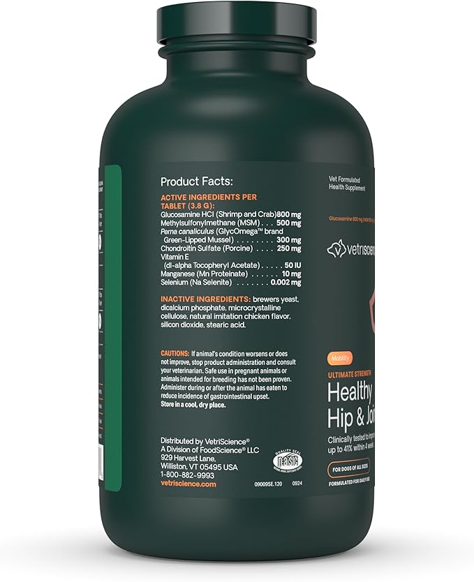 VetriScience Ultimate Strength Healthy Hip & Joint Chewable Tablets, GlycoFlex Glucosamine, Chondroitin and Green-Lipped Mussel Joint Supplement for Dogs, Soothe Joint Discomfort, Chicken, 120 Count