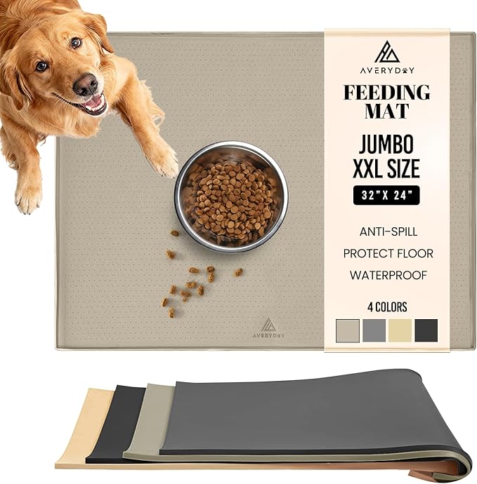 AVERYDAY 32x24'' Silicone Dog Mat for Food and Water, 0.63'' Edge Dog Food Bowl Mats for Floor Waterproof, Dogs Water Mat for Sloppy Drinker, Non Slip Rubber Pet Feeding Mats for Indoor Dogs and Cats