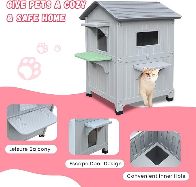 Plastic 2 Story Outdoor Cat House with Soft Mat,Insulated Cat House for Outdoor Cats with Escape Door, Waterproof Outside Cat Shelter, Clean and Assemble Easily