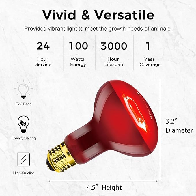 Red Reptile Heat Lamp Bulb,120V 100W Infrared Heat Emitter Red Heat Lamp for Reptile Amphibian, Infrared Basking Spot Light Bulb 2PCS
