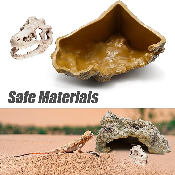 Anxingo Reptile Rock Reptile Cave Hideout for Snakes/Geckos/Lizards/Turtles and Other Amphibians, with Dinosaur Skull (Small)