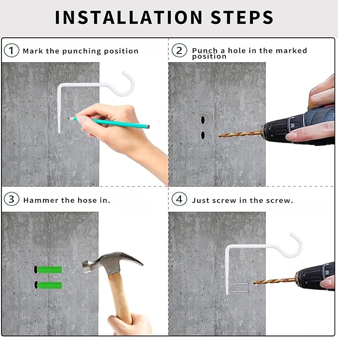 White Metal Wall Hooks Hanging Plant for Bird Feeders, Wind Chimes, Flower Baskets.Wall Plant Hangers Indoor/Outdoor (White, 4PCS)