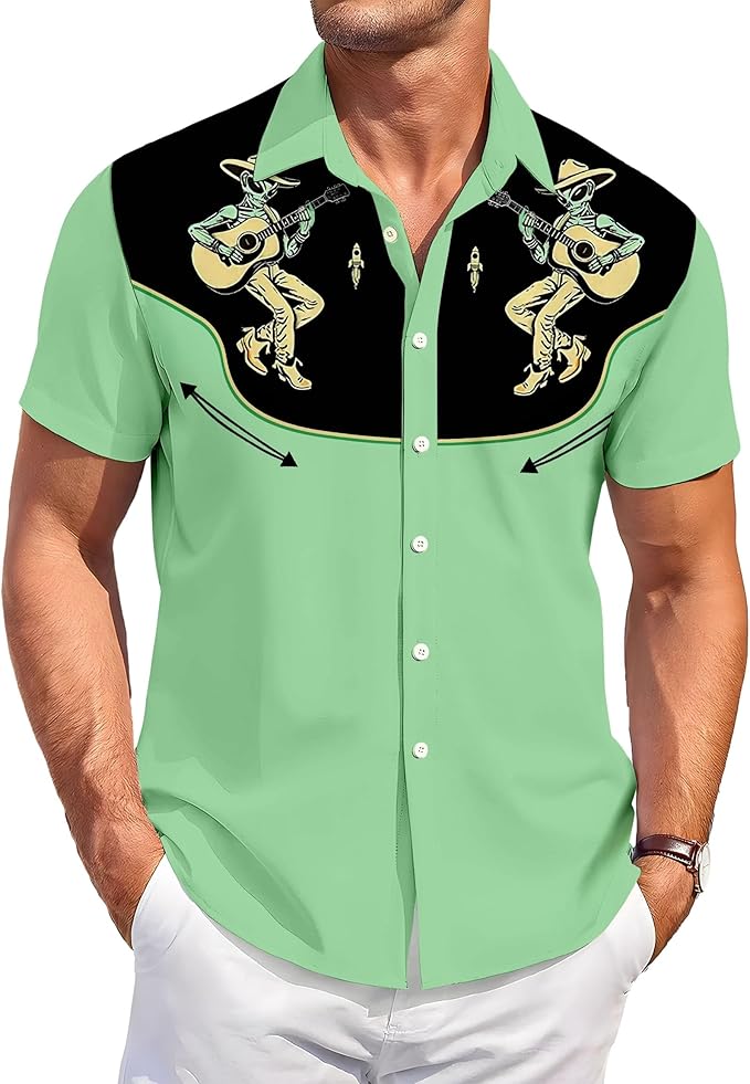 Men’s Hawaiian Shirt Western Cowboy Symmetrical Print Short Sleeve Button Down Casual Beach Holiday Summer Shirt