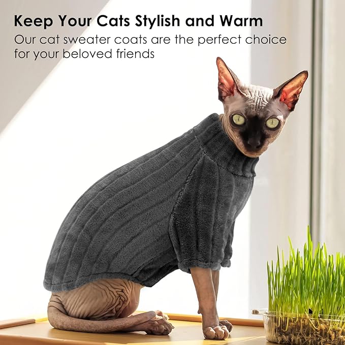SUNFURA Sweaters for Cats, Hairless Sphynx Sweater Kitten Pullover with Sleeves, Warm and Soft Cat Pajamas Fleece Sweatshirt Jumpsuit, Turtleneck Clothes for Fall Winter, Grey L