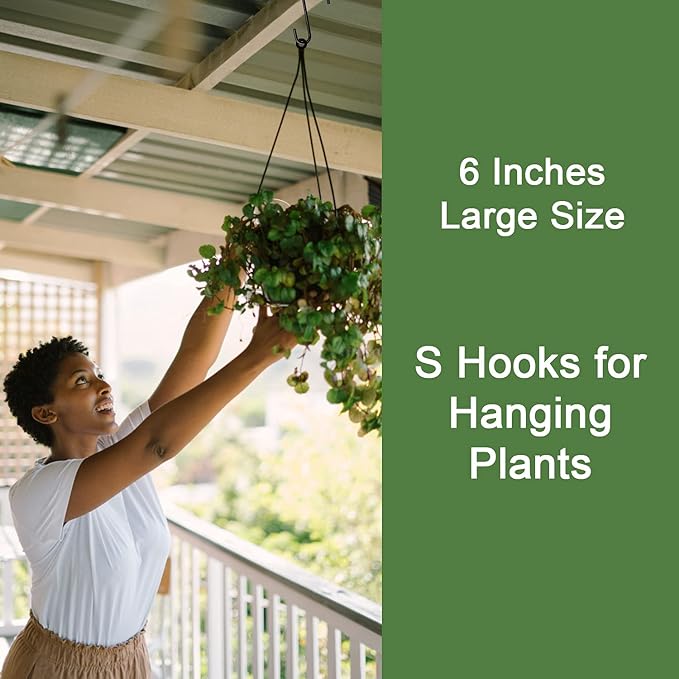 HiGift 6 Inches Large S Hooks Heavy Duty, Black S Shaped Fence Hanger Hooks for Hanging Plants,Wind Chimes,Gardening Tools,Lights,Pool Equipment,Bird Feeder,Bird House,Indoor Outdoor Use - 4 Pack