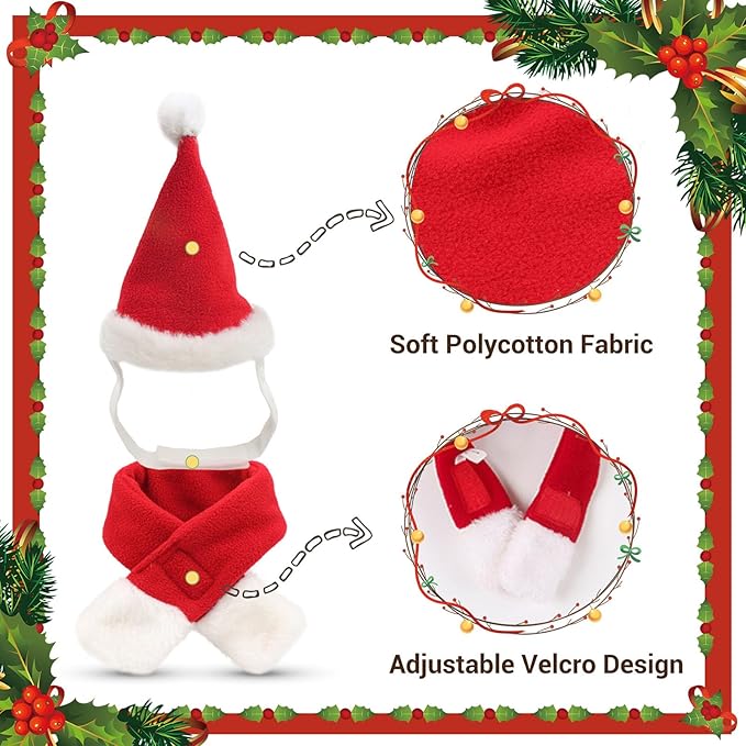 Enjoying Cat Christmas Costume, Santa Hat with Red Scarf for Cats Small Dogs, Rabbit Xmas Outfit, Pet Santa Claus Hat Scarf for Cold Day Head and Neck Warm, New Year Party Cosplay