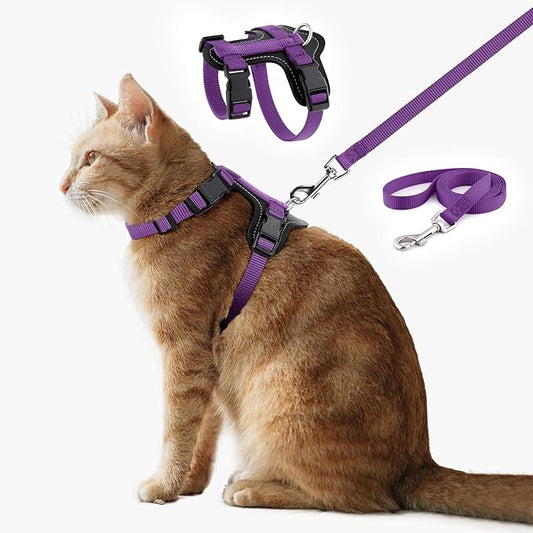 Plutus Pet Adjustable Cat Harness and Leash Set, Quick Release, Escape Proof Nylon Vest with Leather Trim for Kitten, Small Medium Large Cats, Purple