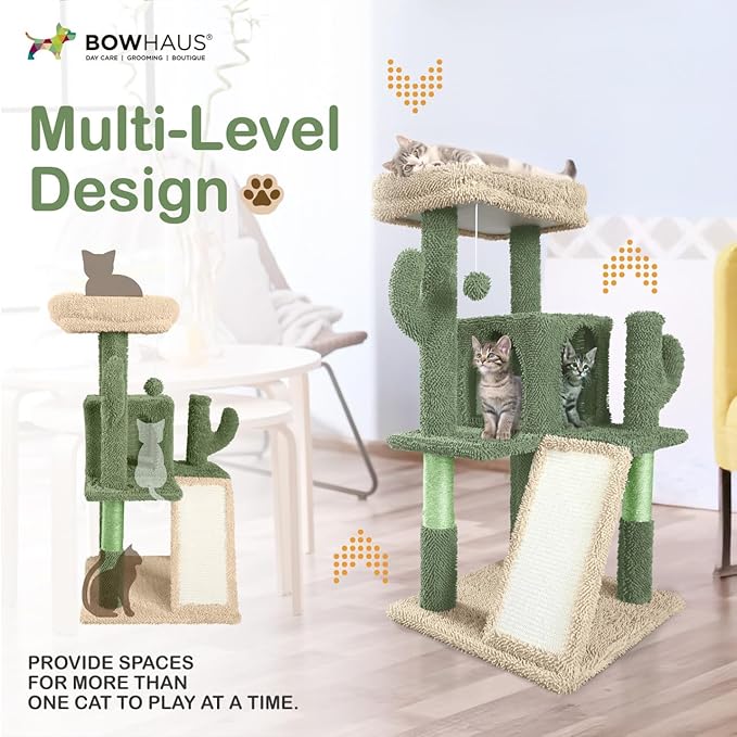 CAPHAUS Cactus Cat Tower for Indoor Cats, Cute 37-Inch Small Cactus Cat Tree w/Widened Perch for Large Cats & Kittens, Multi-Level Cat Activity Tree w/Scratching Posts & Ramp, 2-Door Cat Cave Condo