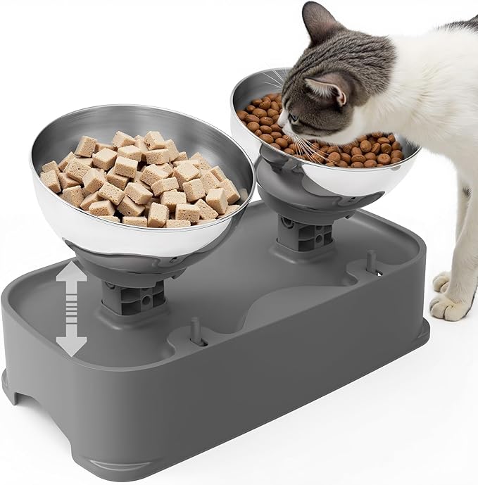 Elevated Cat Bowls, 4 Height Adjustable Cat Food Bowl Stainless Steel, Raised Dog Cats Bowls Elevated Pet Food and Water Bowl, Non-Slip Tilted Pet Feeder Anti Spill for All Cats Puppies