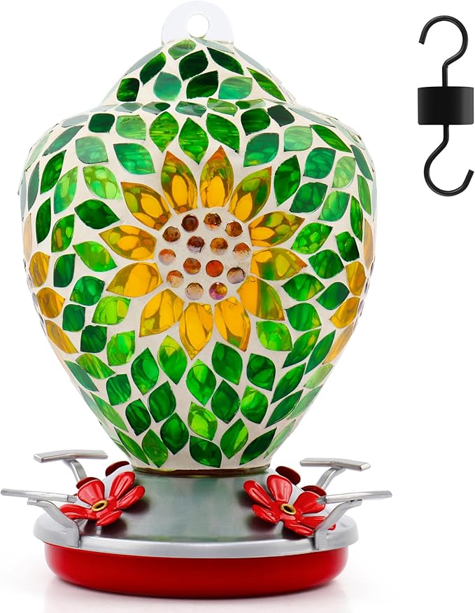VOREEN Glass Mosaic Hummingbird Feeders, 34OZ with Ant Moat & 4 Feeding Ports, Hand Blown Glass Outdoor Hanging Bird Feeder, Porch Garden Backyard Decor, Gift for Mom Wife Friend, Sunflower Design