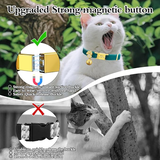 Personalized Breakaway Cat Collars - Magnetic Buckle, Bell - Safety Quick Release, Customized for Girls & Boys Cats- (Velvet-Green)