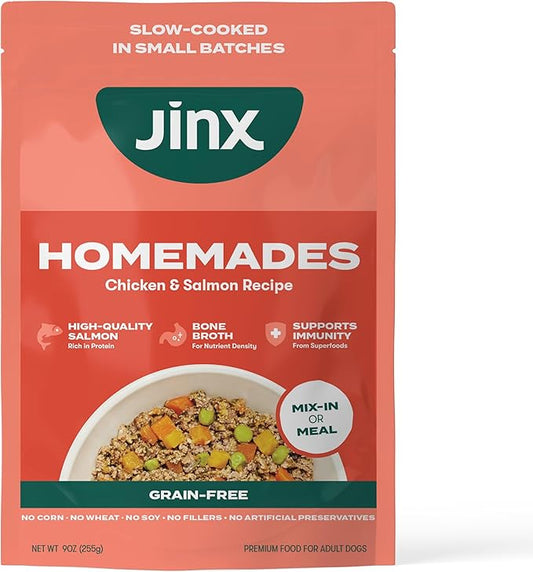 Jinx Wet Dog Food Topper, Mix with Dry Dog Food, Made with Real Salmon & Chicken, Bone Broth, No Fillers, for All Lifestages, 9oz, 1 Pack