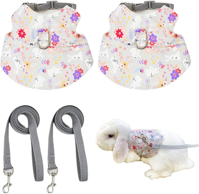 2-Pack Small Pet Harness & Leash Set – Soft, Adjustable Vest for Rabbits, Kittens, Squirrels & More (Grey, M)