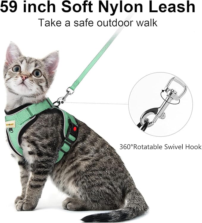 Cat Harness and Leash for Walking, Retractable Cat Harnesses and Leash Set Escape Proof, Breathable Soft Kitten Small Large Harness for Travel Training and Walking, Green, XS