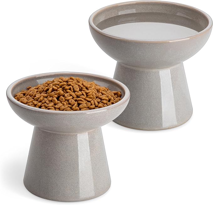 vancasso Ceramic Elevated Cat Bowls 2-Pack - 6.2" Extra Wide Raised Cat Food & Water Dishes, 5.1" Optimal Height Anti-Whisker Fatigue Shallow Bowls for Cats/Kittens/Dogs, Lead & Cadmium Free (Grey)