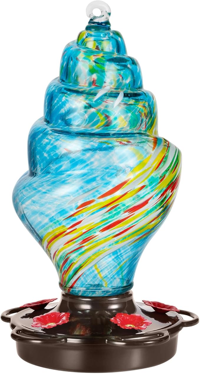 Spiral Shaped Hummingbird Feeder for Outdoors, Hand Blown Glass, 25 fl.oz, Leak Proof & Rustproof, Includes an Ant Moat, Metal Cover with 5 Feeding Ports & 5 Perches, Blue