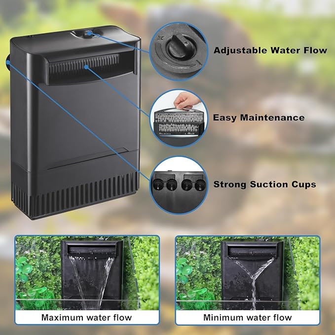 Turtle Tank Filter Aquarium Filter w/Detachable U-V Light for 30-75Gal, Waterfall Flow Adjustable Low Water Level Internal Green Clean Machine Killing Deodorization Saltwater Freshwater Crystal Clear