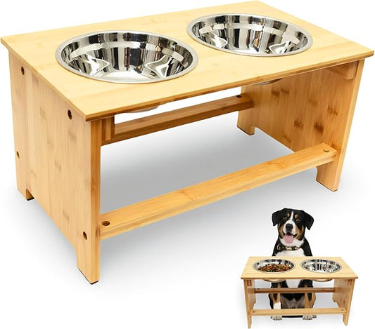 DECOMIL Raised Bowl Stand for Medium Sized Dogs, Elevated Feeding Station, Bamboo Stand With Food Bowls