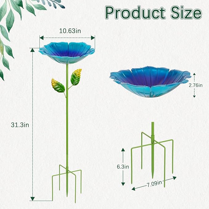 2 Pack Bird Bath for Outside, 31.3" H Metal Birdbaths, 10.63" Dia Garden Flower Bird Water Bowl, Freestanding Hummingbird Bath for Outdoors Garden Patio Yard Decor (Blue,Yellow)