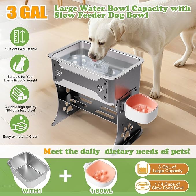 3 Gallon Elevated Large Dog Water Bowl, 3 Height Adjustable Stainless Steel Raised Dog Water Bowl Stand for Large Breed, Metal Pet Bowl Stand for Relief Joint Pressure, Easy Clean (Gray)