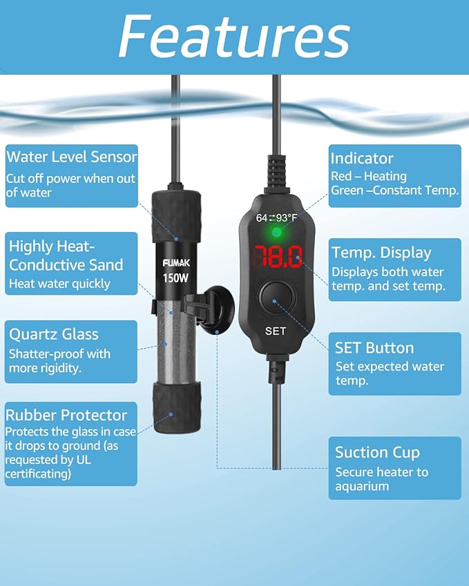 150W Adjustable Aquarium Heater Super Short Submersible Fish Tank Heater Fish Heater with LED Digital Display Thermostat, for Tanks 15-30 Gallons