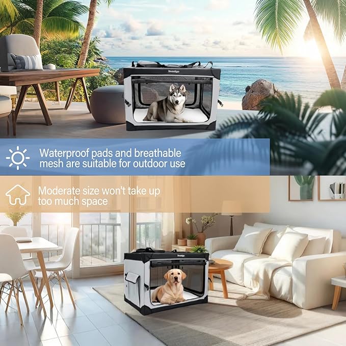 Collapsible Dog Crate, Portable Soft Dog Crate with Fleece Bed for Large Dog, Folding Travel Carrier Kennel with 3-Door Mesh Windows for Indoor &Outdoor, 36" L x 25" W x 25" H,Black