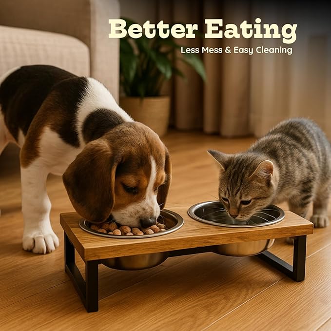 Elevated Dog Bowls, Small-Med 5 Height Mango Wood Raised Dogs Bowl Iron Stand with 2 Pcs 32oz Stainless Steel Pet Dishes | Food & Water 4Cup/0.95L Capacity Nonslip Cats Feeding Station