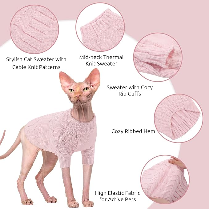 ASENKU Cat Sweater Soft Warm Puppy Clothes Knitwear for Kittens & Small Dogs, Thick Knitted Sweater for Sphynx Hairless Cats Teacup Chihuahua and Extra Small Dogs (Pink, XL)